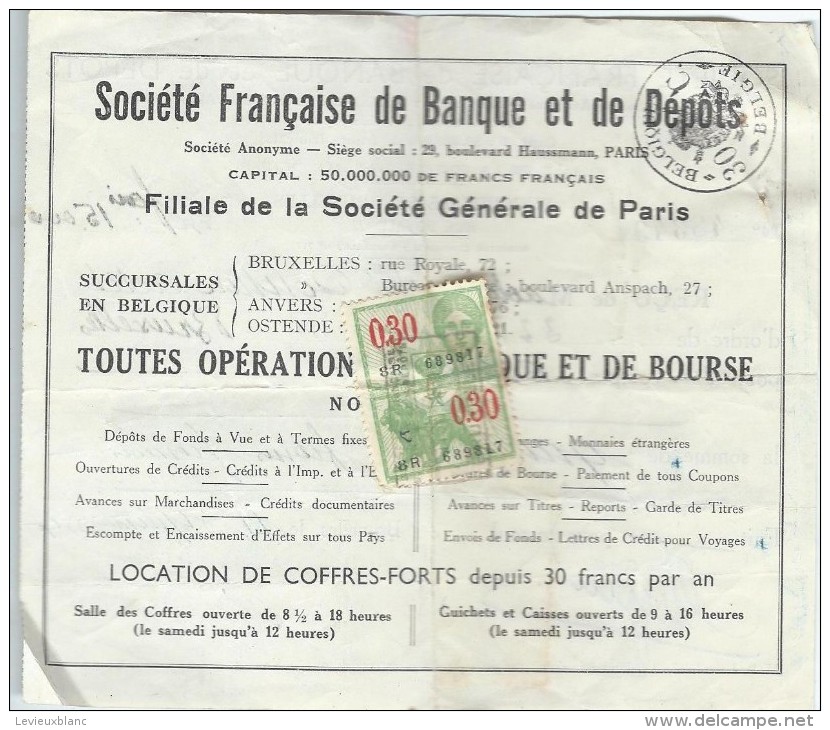 Société Française De Banque Et De Dépôts:Succursale De Bruxelles/ Mademoiselle Adéle Couture /1934    BA11 - Bank & Versicherung