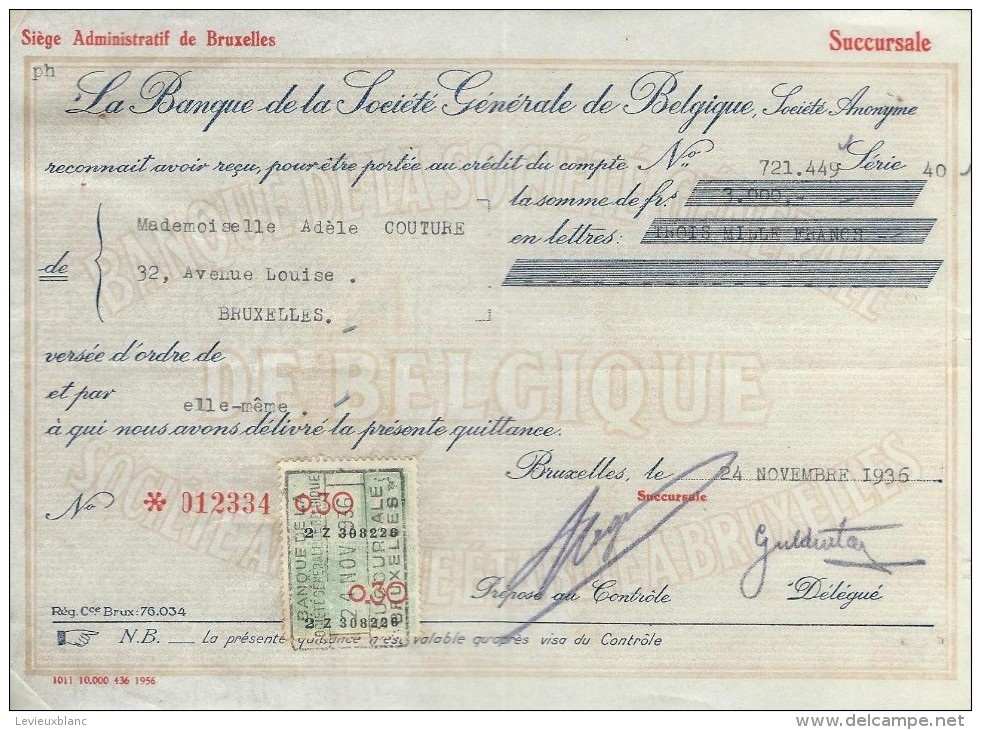 La Banque De La Société Générale De Belgique/ Mademoiselle Adéle Couture/Bruxelles /1936    BA12 - Banco & Caja De Ahorros