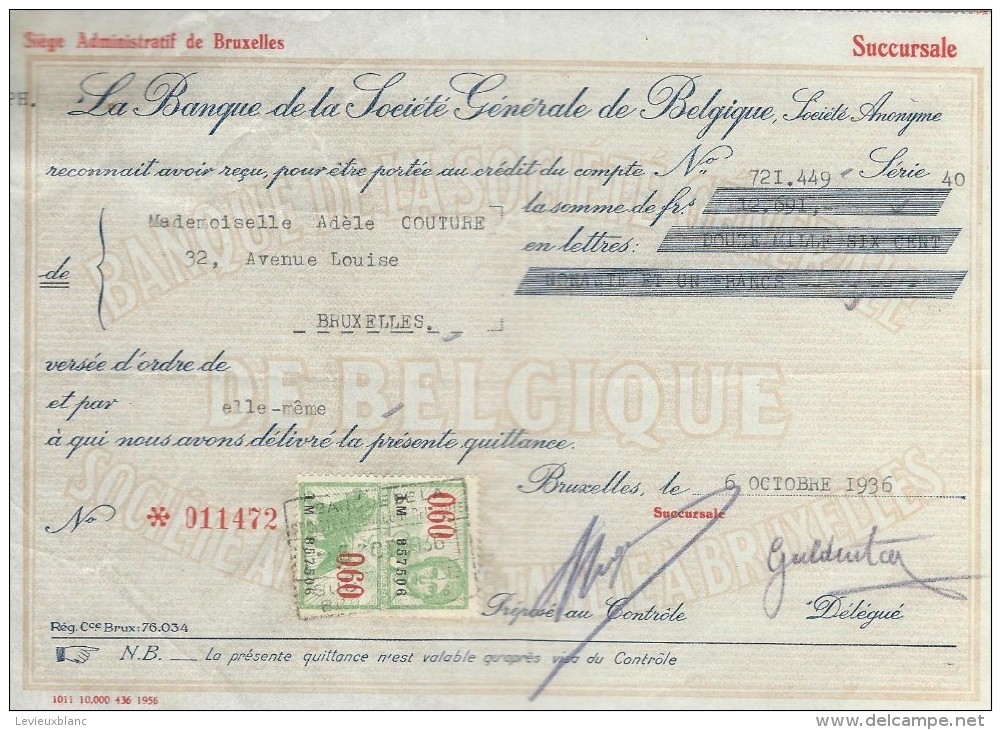 La Banque De La Société Générale De Belgique/ Mademoiselle Adéle Couture/Bruxelles /1936    BA13 - Banco & Caja De Ahorros