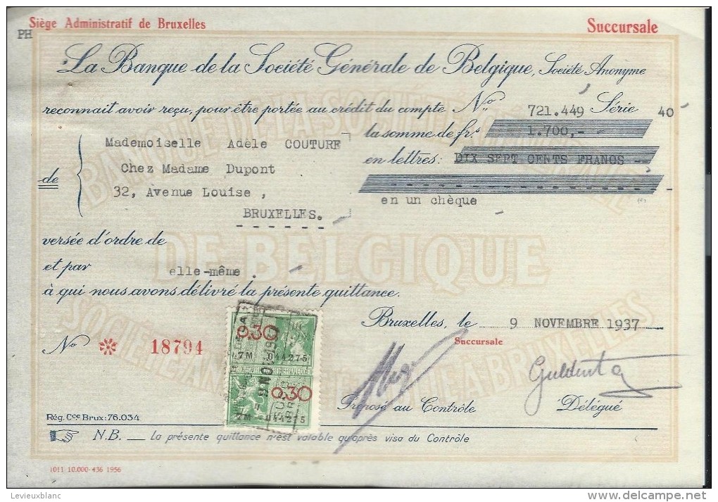 La Banque De La Société Générale De Belgique/ Mademoiselle Adéle Couture/Bruxelles /1937    BA14 - Banco & Caja De Ahorros