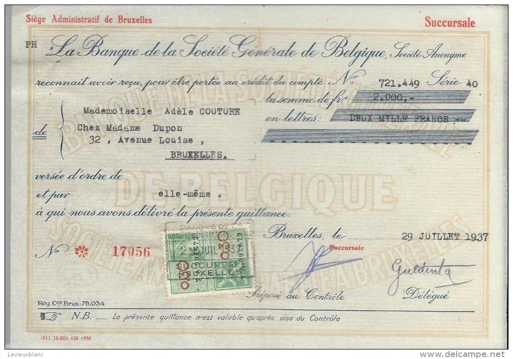 La Banque De La Société Générale De Belgique/ Mademoiselle Adéle Couture/Bruxelles /1937    BA15 - Bank & Versicherung