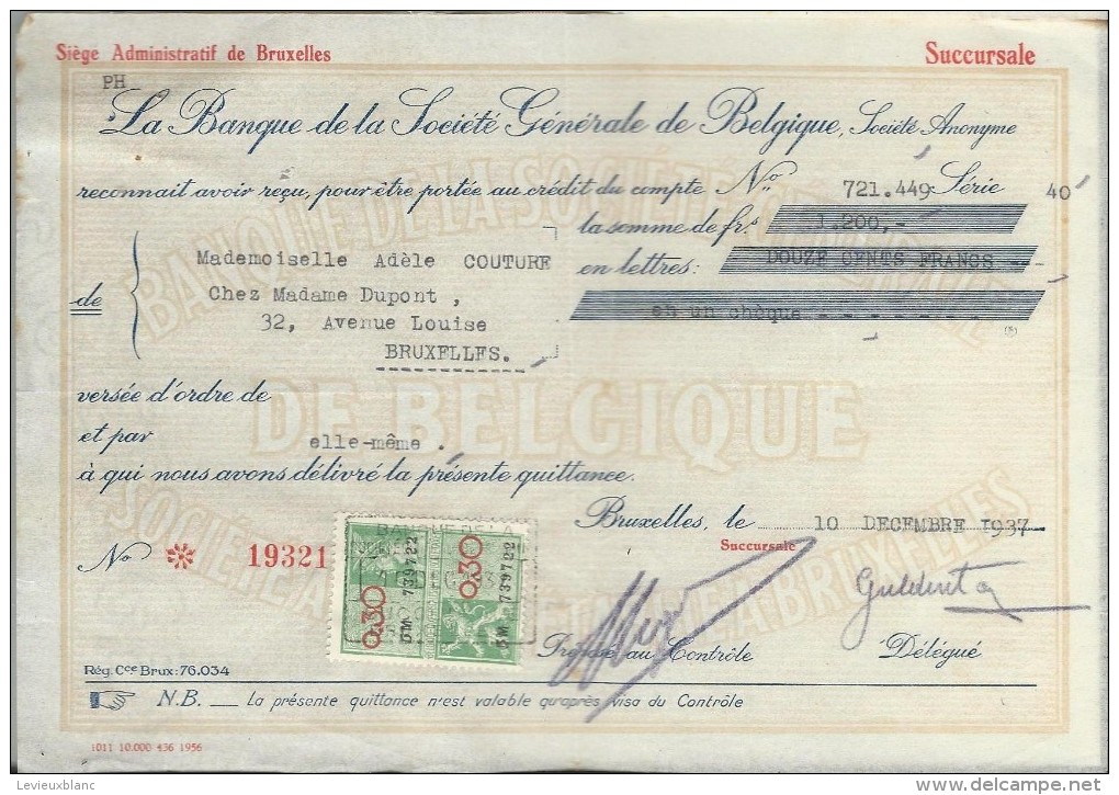 La Banque De La Société Générale De Belgique/ Mademoiselle Adéle Couture/Bruxelles /1937    BA16 - Bank & Insurance