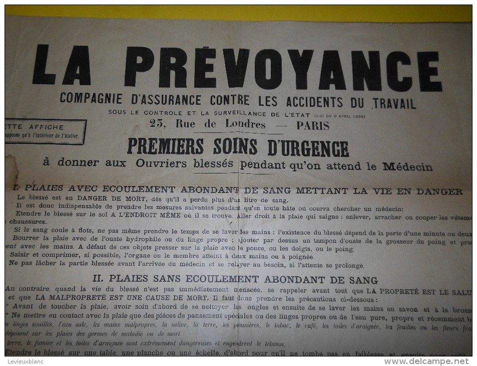 La Prévoyance/Cie D'Assurance Contre Les Accidents Du Travail/Affiche / 1ers Soins D'Urgence /1903    BA19 - Bank En Verzekering