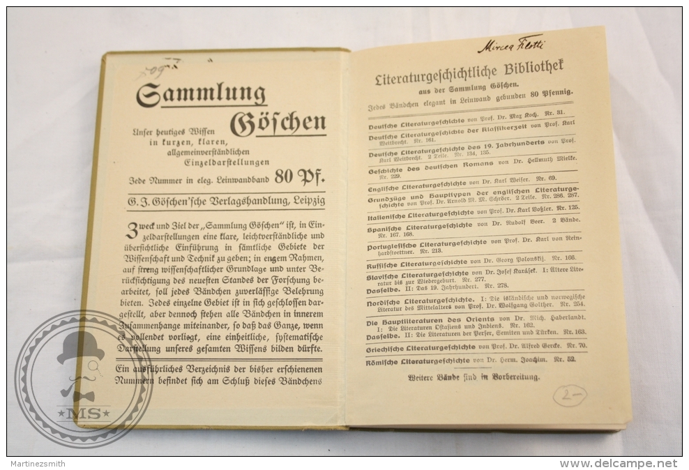 1908 German Book: Sammlung Göschen -Italienische Literaturgeschichte/ Italian Literature, History  Prof. Dr. Karl Dobler - Autres & Non Classés