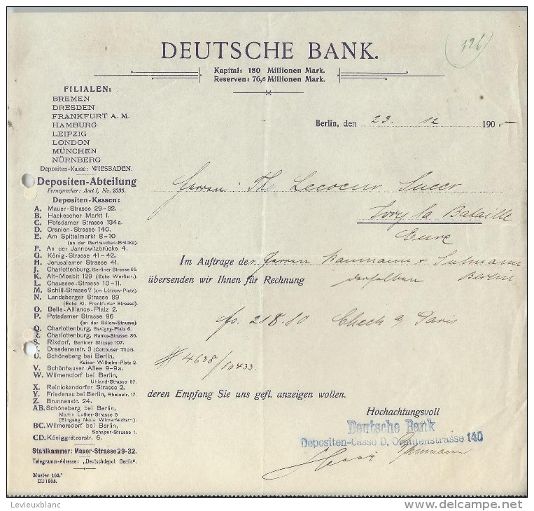 Deutsche Bank/BERLIN /Allemagne/Ordre De Virement / Baumann & Sulmann/Lecoeur /Ivry La Bataille 1905    BA21 - Banque & Assurance