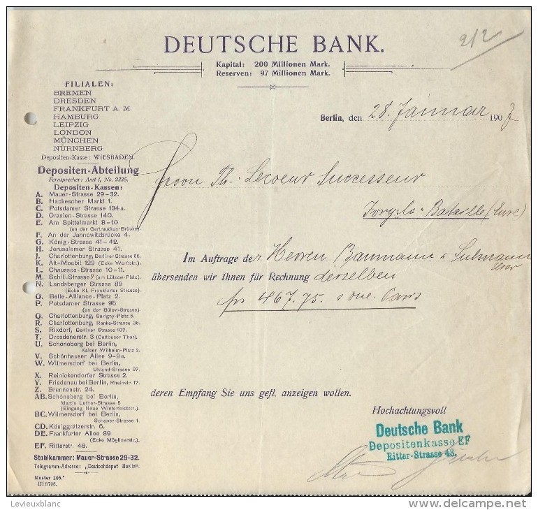 Deutsche Bank/BERLIN /Allemagne/Ordre De Virement / Baumann & Sulmann/Lecoeur /Ivry La Bataille 1907    BA22 - Bank En Verzekering