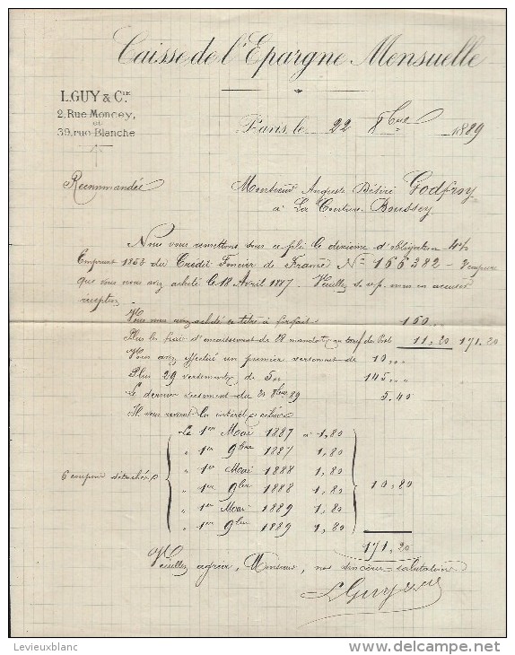 Caisse D'Epargne Mensuelle/ L. GUY & Cie/remise D'un Dixiéme D'Obligation /Godfroy/La Couture Boussey/ 1889    BA26 - Bank & Insurance