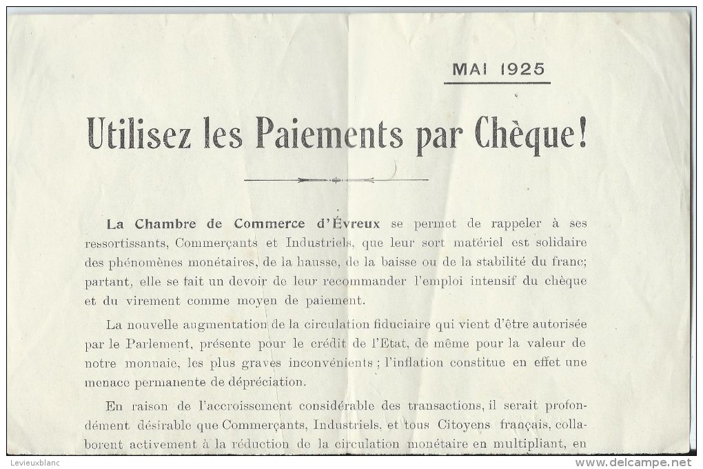 Utilisez Les Paiements Par Chéque/ CCI  D'Evreux / Circulaire/ / 1925   BA27 - Banca & Assicurazione