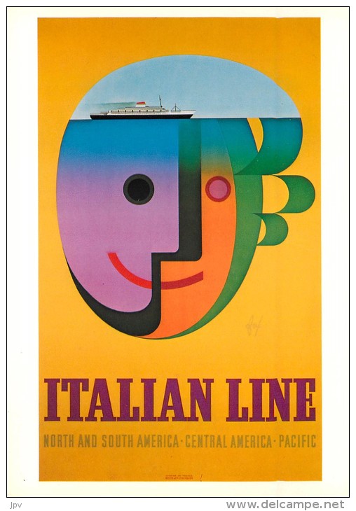 ILLUSTRATEUR Foré : AFFICHE POUR LA COMPAGNIE MARITIME "ITALIAN LINE". (1956). AUTOGRAPHE DE Foré AU VERSO. - Fore