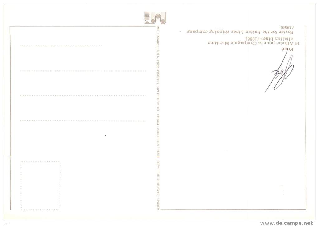 ILLUSTRATEUR Foré : AFFICHE POUR LA COMPAGNIE MARITIME "ITALIAN LINE". (1956). AUTOGRAPHE DE Foré AU VERSO. - Fore