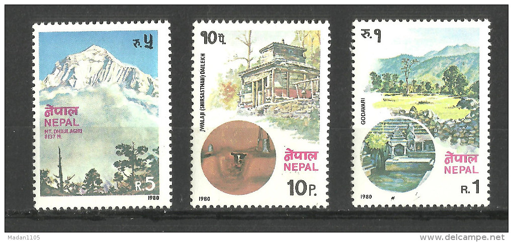 NEPAL, 1980, Tourism, Set 3 V, Temple, Everlasting Flame, Mountain, Trees, Visit Nepal, MNH, (**) - Nepal