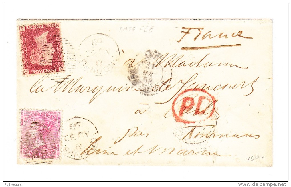 1 Penny Rot + 6 Pence Marken Auf Kleinem Umschlag 1858 Nach Tournans Bei Paris F - Brieven En Documenten