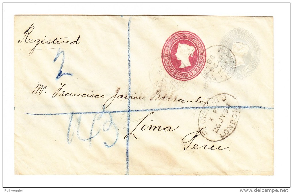 R-Ganzsache Mit 2 Und 21/2 Pence Von London 26.7.1898 Nach Lima Peru Mit AK-Stempel - Briefe U. Dokumente