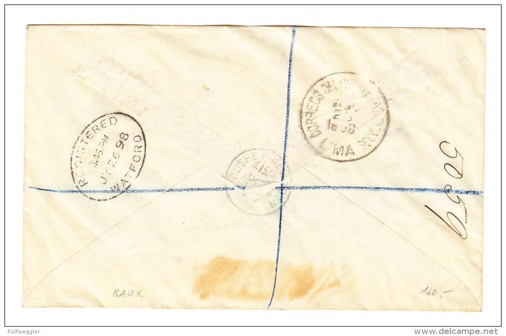 R-Ganzsache Mit 2 Und 21/2 Pence Von London 26.7.1898 Nach Lima Peru Mit AK-Stempel - Briefe U. Dokumente