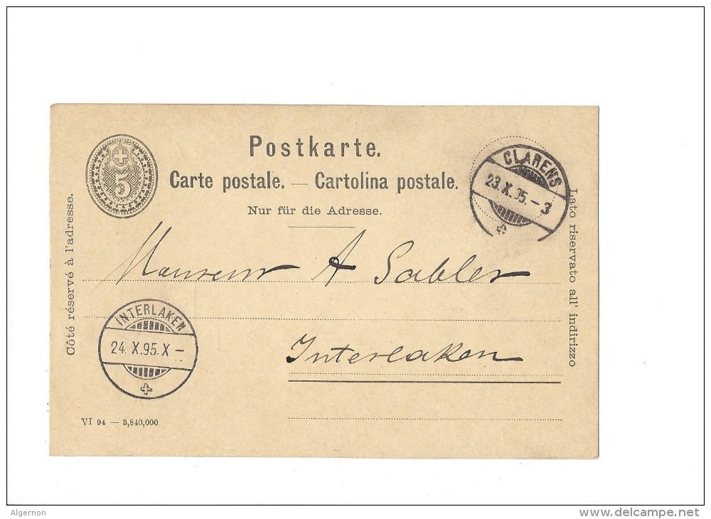 9374 - Carte Postale  Chocolat Suchard Neuchâtel Frabrique N° 4 Clarens 23.10.1895 - Entiers Postaux