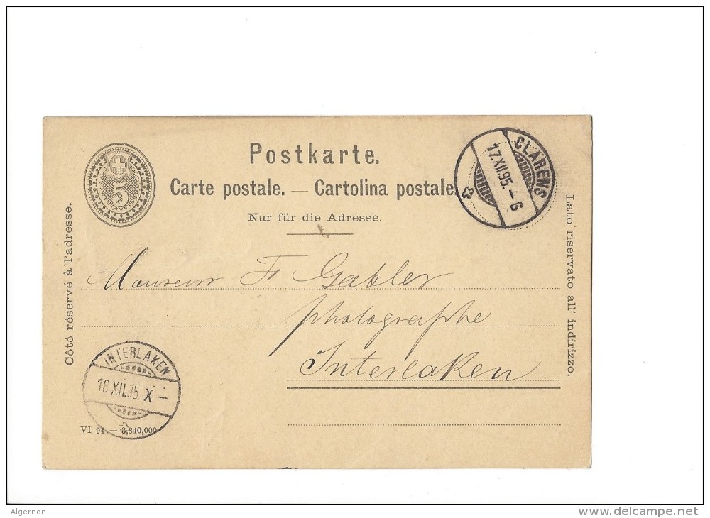 9376 - Carte Postale  Chocolat Suchard Neuchâtel Frabrique N°5  Clarens 17.12.1895 - Interi Postali