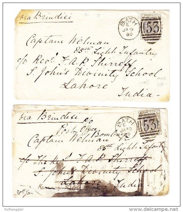 2 Brief An Captain Von Bath 30.1.1880 Nach Lahore India - Verschiedene Stempeln - Lettres & Documents