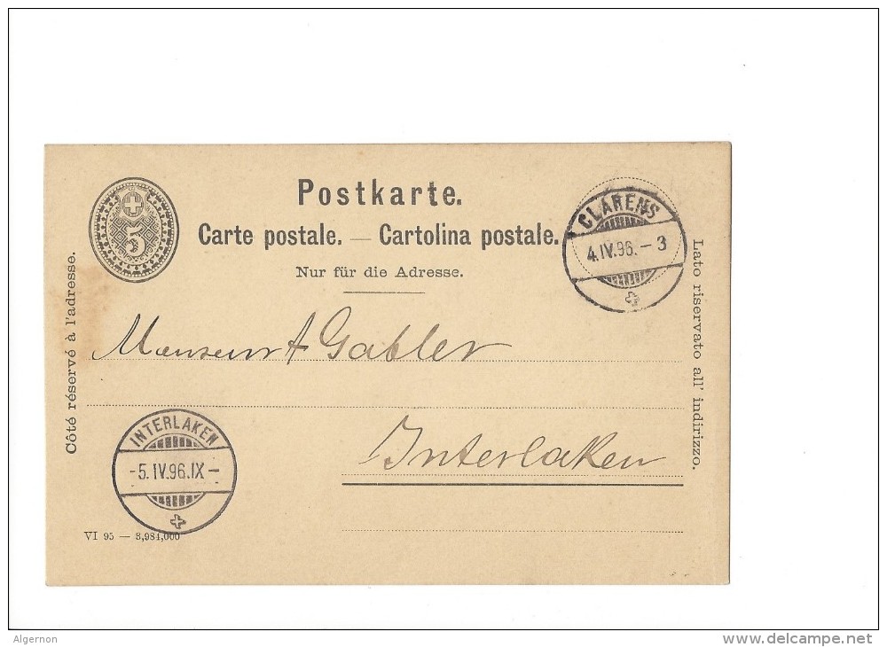 9378 - Carte Postale  Chocolat Suchard Neuchâtel Frabrique  Clarens 04.04.1896 - Ganzsachen