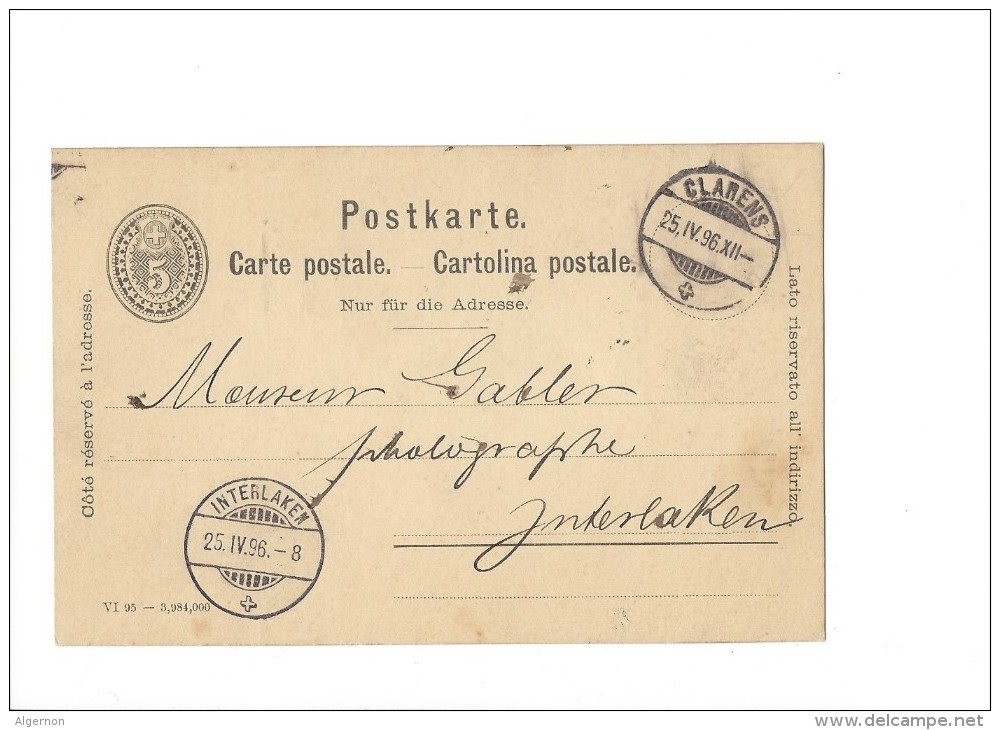 9379 - Carte Postale  Fabrique De Chocolat Suchard Neuchâtel  Clarens 25.04.1896 - Ganzsachen