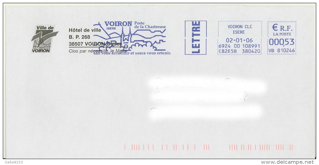 EMA VB 810246 CLC Isère 38 + Flamme Voiron Chartreuse Sur Env De La Mairie - église - EMA (Print Machine)