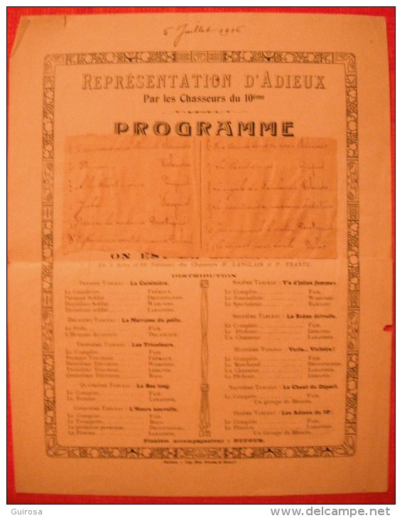 Représentation D’adieux Par Les Chasseurs Du 10ème (Frantz Et Langlais)  - 1916 - Dokumente