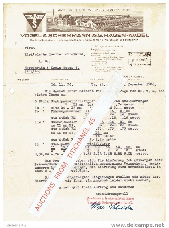 Brief 1936 HAGEN-KABEL - VOGEL & SCHEMMANN - Maschinen Und Werkzeugfabrik Kabel - Altri & Non Classificati