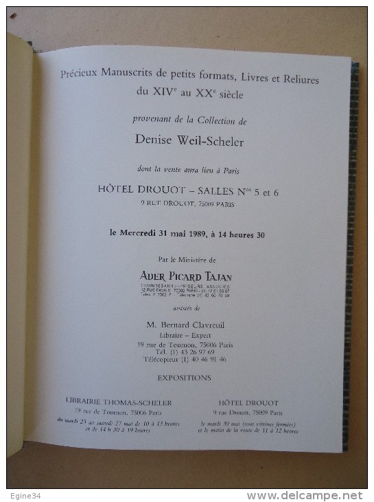 Catalogue Vente - Précieux Manuscrits, Livres Reliures - Collection Denise Weil-Scheler - Ader Picard Tajan 31 Mai 1989 - Art