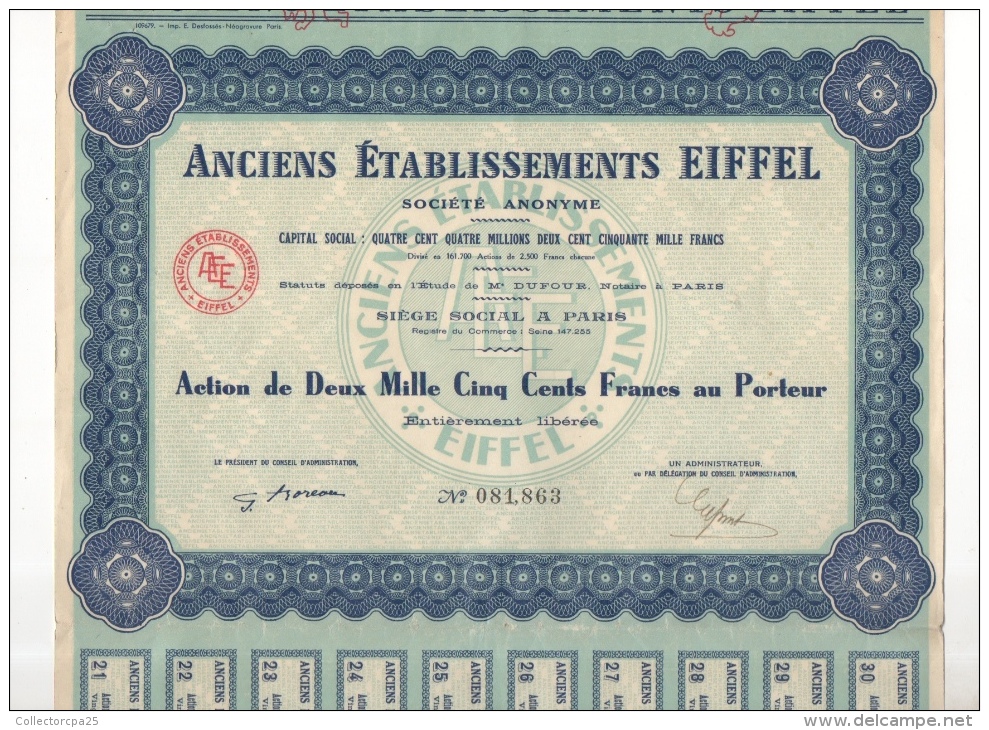 Action De 2000 Francs Au Porteur Anciens Etablissements Eiffel Paris N° 081,863 - Industrie