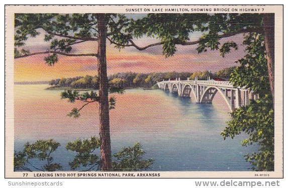 Sunset On Lake Hamilton Showing Bridge On Highway 7 Leading Into Hot Springs National Park Arkansas 1941 - Hot Springs