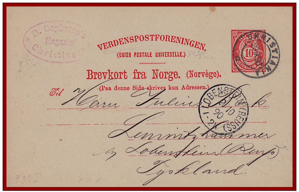 Norwegen Ganzsache Aus Christiania Von 1890 Nach Tyskland - Interi Postali