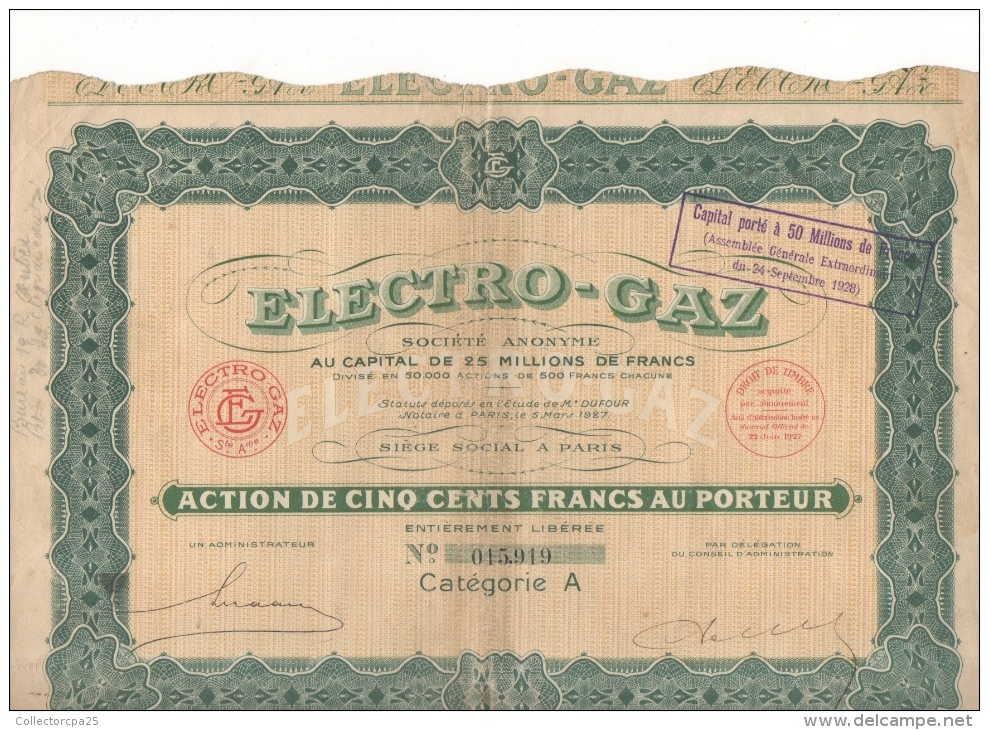 Action De 500 Francs Au Porteur Electricité Gaz Paris N° 015,919 Catégorie A 1927 - Electricity & Gas