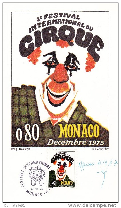MONACO 2e Festival Du Cirque-Timbre Clown - Cachet 12-11-1975 Avec Signature (voir Scans) - Brieven En Documenten