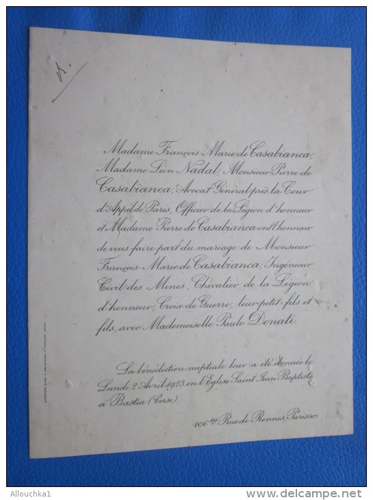 2 Avril 1923 église Saint Jean-Baptiste à Bastia Corse Corsica Faire Part De Mariage &gt;rue De Rennes Paris VI - Mariage