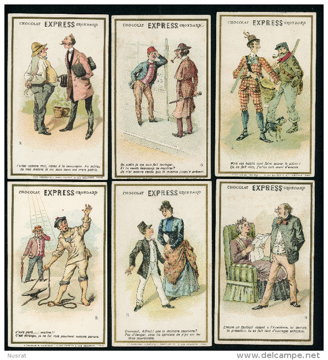 Chocolat Grondard, Lot De 6 Chromos Lith. J. Minot VM2-3-3, Personnages, Scènes Humoristiques, Voir Scans - Autres & Non Classés