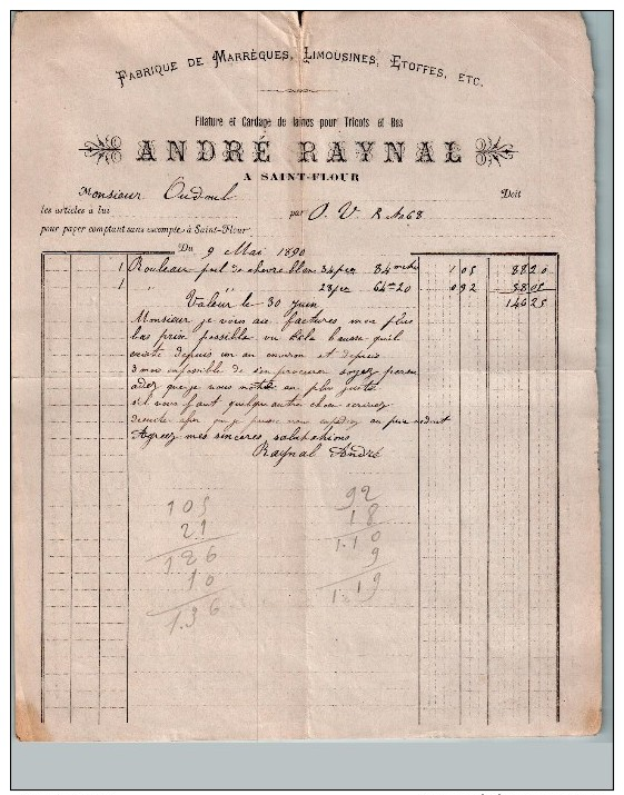 Document Du 09/05/1890 ANDRE RAYNAL Marrègues, Limousines, étoffes - Saint-Flour - 1800 – 1899