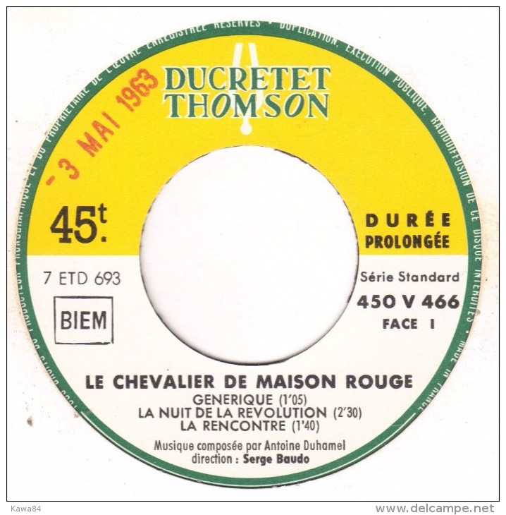 EP 45 RPM (7")  B-O-F  Antoine Duhamel  "  Le Chevalier De Maison Rouge  " - Filmmusik