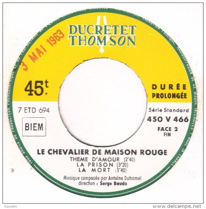 EP 45 RPM (7")  B-O-F  Antoine Duhamel  "  Le Chevalier De Maison Rouge  " - Filmmusik