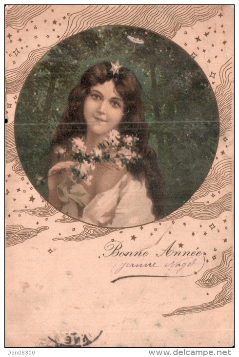 CARTE DE BONNE ANNEE ILLUSTRATION FEMME DANS UN MEDAILLON CARTE PRECURSEUR CIRCULEE 1903 - New Year