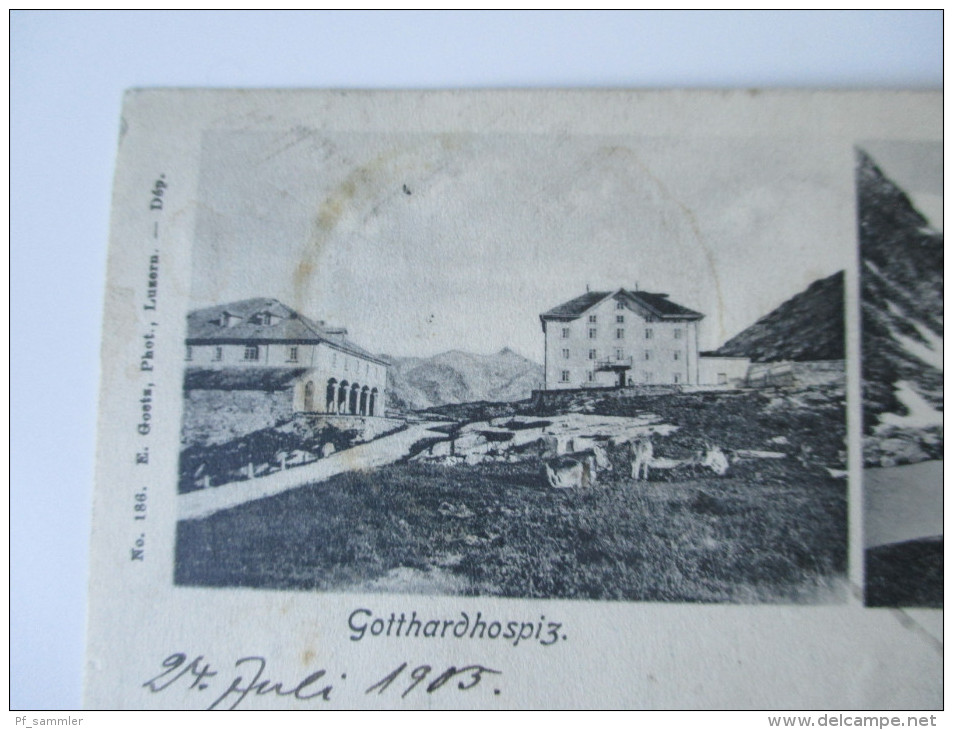 Postkarte 1905 Gotthardhospiz / Lucendrosee Mit Dreifarben Frankatur!! 5 Stempel. Gelaufen Nach Deutschland. Tolle Karte - Briefe U. Dokumente