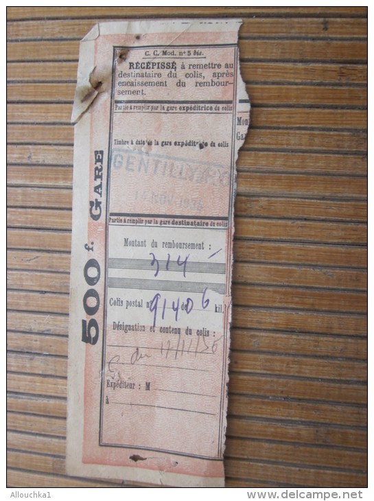 14 Novembre 1930Gare De Gentilly Récépissé Bulletin D'expédition Chemin De Fer Colis Postaux Colis Postal 500 Fr. Gare - Brieven & Documenten
