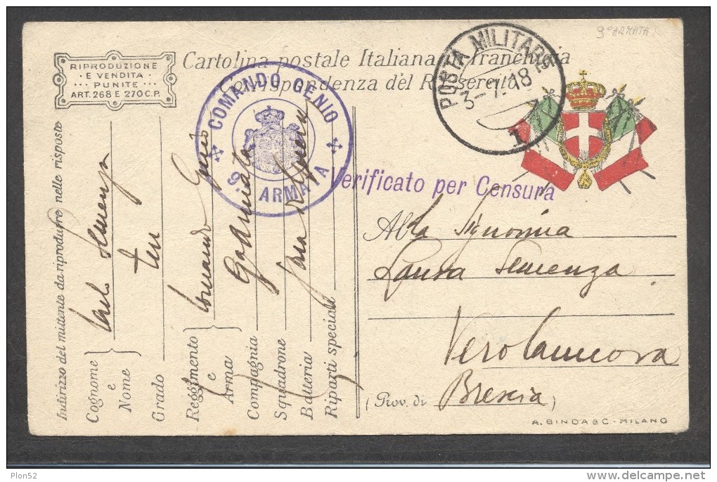 7383-FRANCHIGIA 1° GUERRA-P.M. 1-1918 - Storia Postale