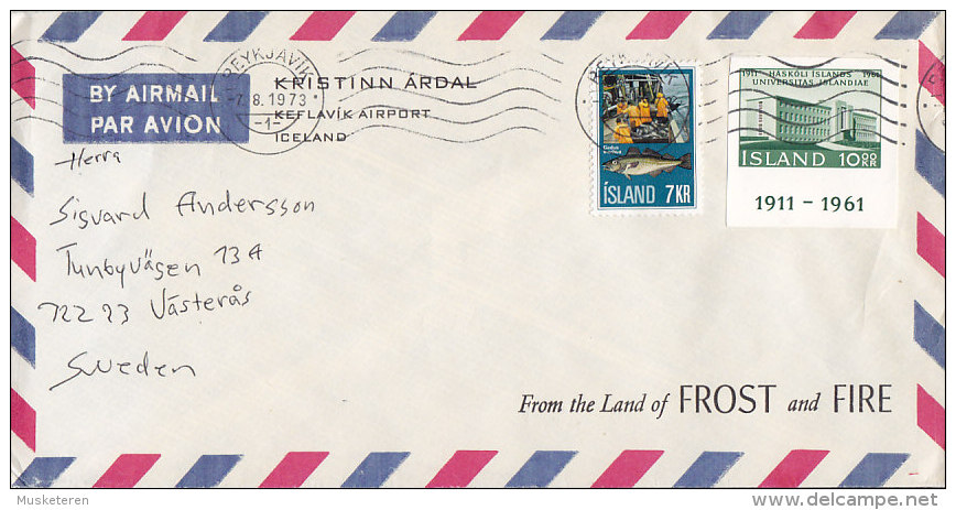 Iceland Airmail Par Avion KRISTINN ÁRDALL Keflavik Airport REYKJAVK 1973 Cover Brief To Sweden Fish Fische Block Stamp - Luchtpost