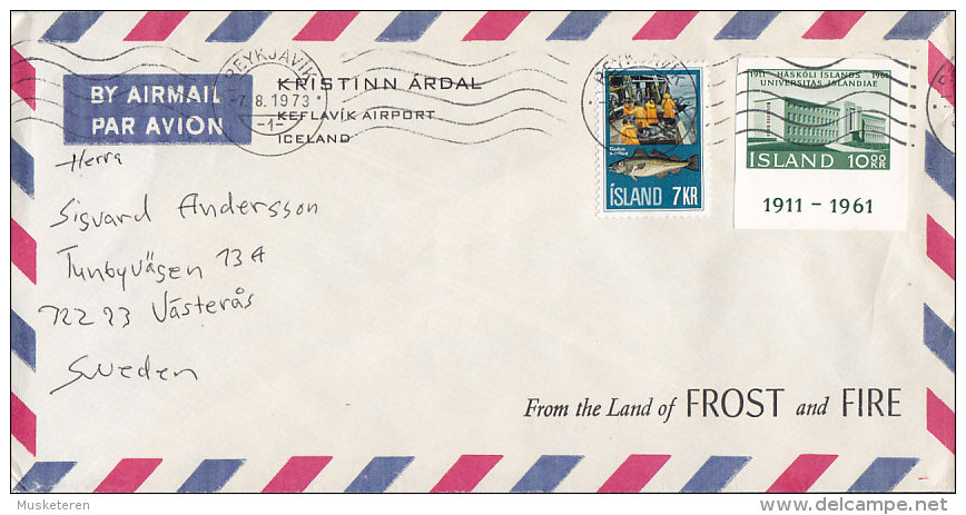 Iceland Airmail Par Avion KRISTINN ÁRDALL Keflavik Airport REYKJAVK 1973 Cover Brief To Sweden Fish Fische Block Stamp - Poste Aérienne