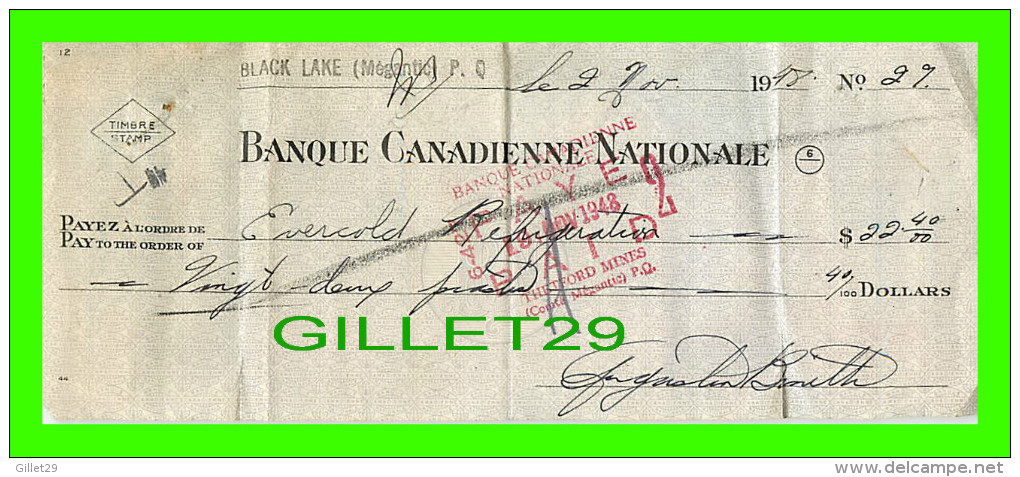 CHÈQUES - BLACK LAKE, MÉGANTIC, QUÉBEC - BANQUE CANADIENNE NATIONALE, 1948 - EVERCOLD REFRIGERATION - Cheques En Traveller's Cheques