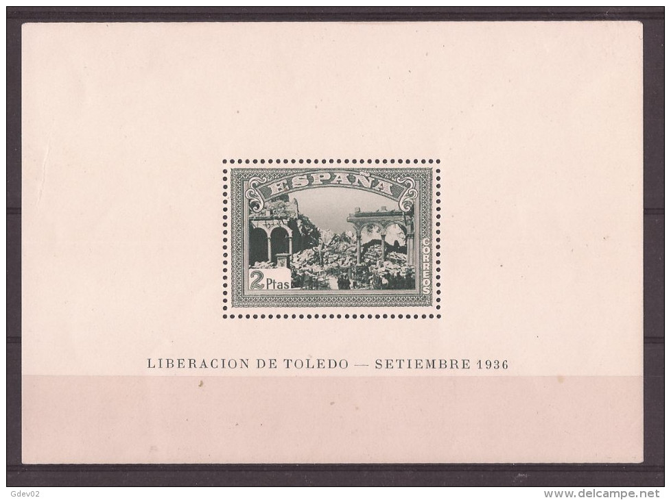 ES837-L4173THC.España.Spa In. Espagne.HOJITA VERDE DEL ALZAMIENTO NACIONAL.TOLEDO.1937. (Ed 837*) Con Charnela.LUJO - Hojas Conmemorativas