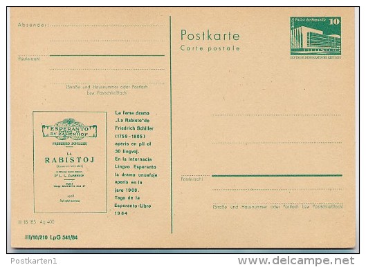 DDR P84-61-84 C105 Postkarte Zudruck SCHILLER "DIE RÄUBER" Leipzig ** 1984 - Esperanto