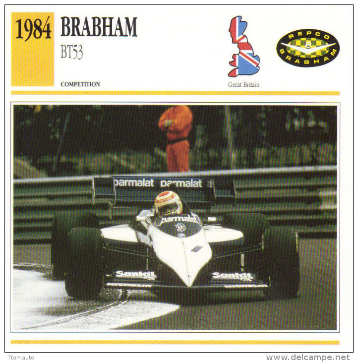 Fiche  -  Formula 1 Grand Prix Cars  -  Brabham BT53  -  Pilote Nelson Piquet  -  Carte De Collection - Grand Prix / F1