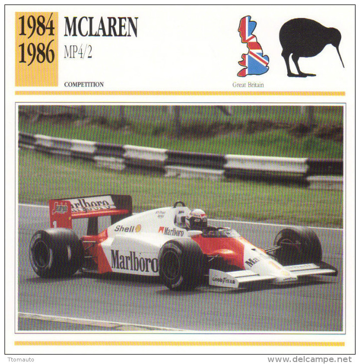 Fiche  -  Formula 1 Grand Prix Cars  -  McLaren MP4/2  -  Pilote Alain Prost  -  Carte De Collection - Grand Prix / F1