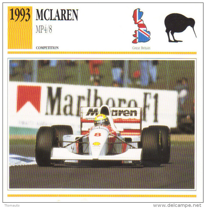 Fiche  -  Formula 1 Grand Prix Cars  -  McLaren MP4/8  -  Pilote Ayrton Senna  -  Carte De Collection - Grand Prix / F1