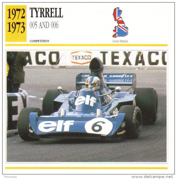 Fiche  -  Formula 1 Grand Prix Cars  -  Tyrrell 005/006  -  Pilote Francois Cevert  -  Carte De Collection - Grand Prix / F1